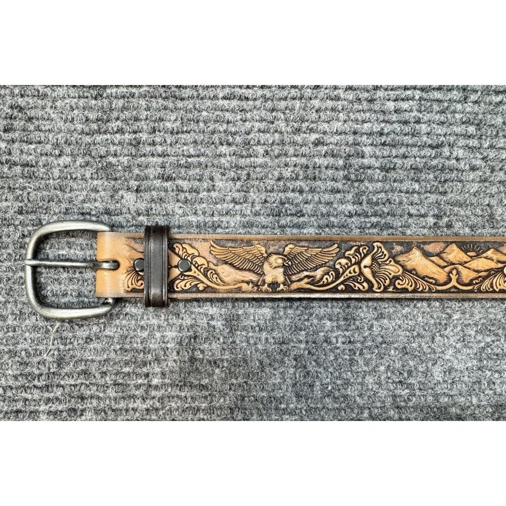 Vintage Tooled Stamped Leather Belt Sz 32 Brown Eagle Mountains Flower USA Made - Picture 2 of 8